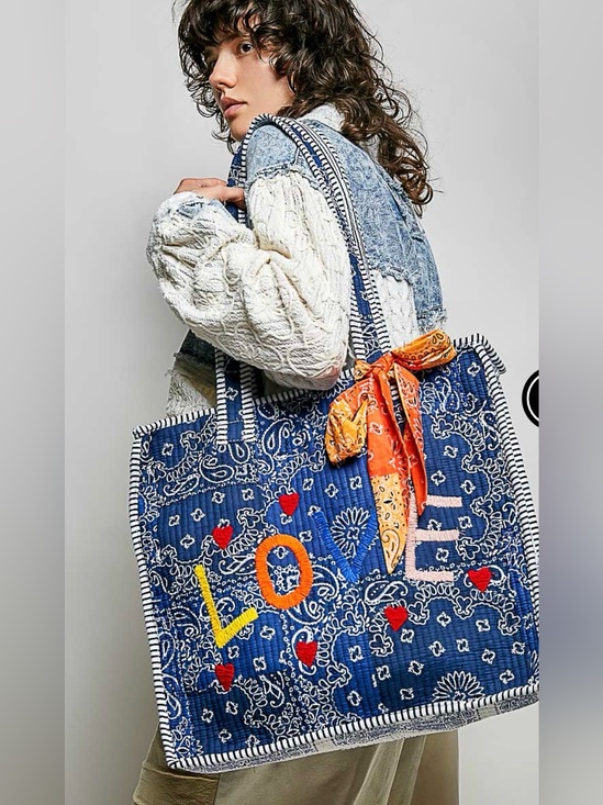 POL Handbags - COMING SOON POL Blue Quilted Tote Bag with 'LOVE' Script and Orange Scarf